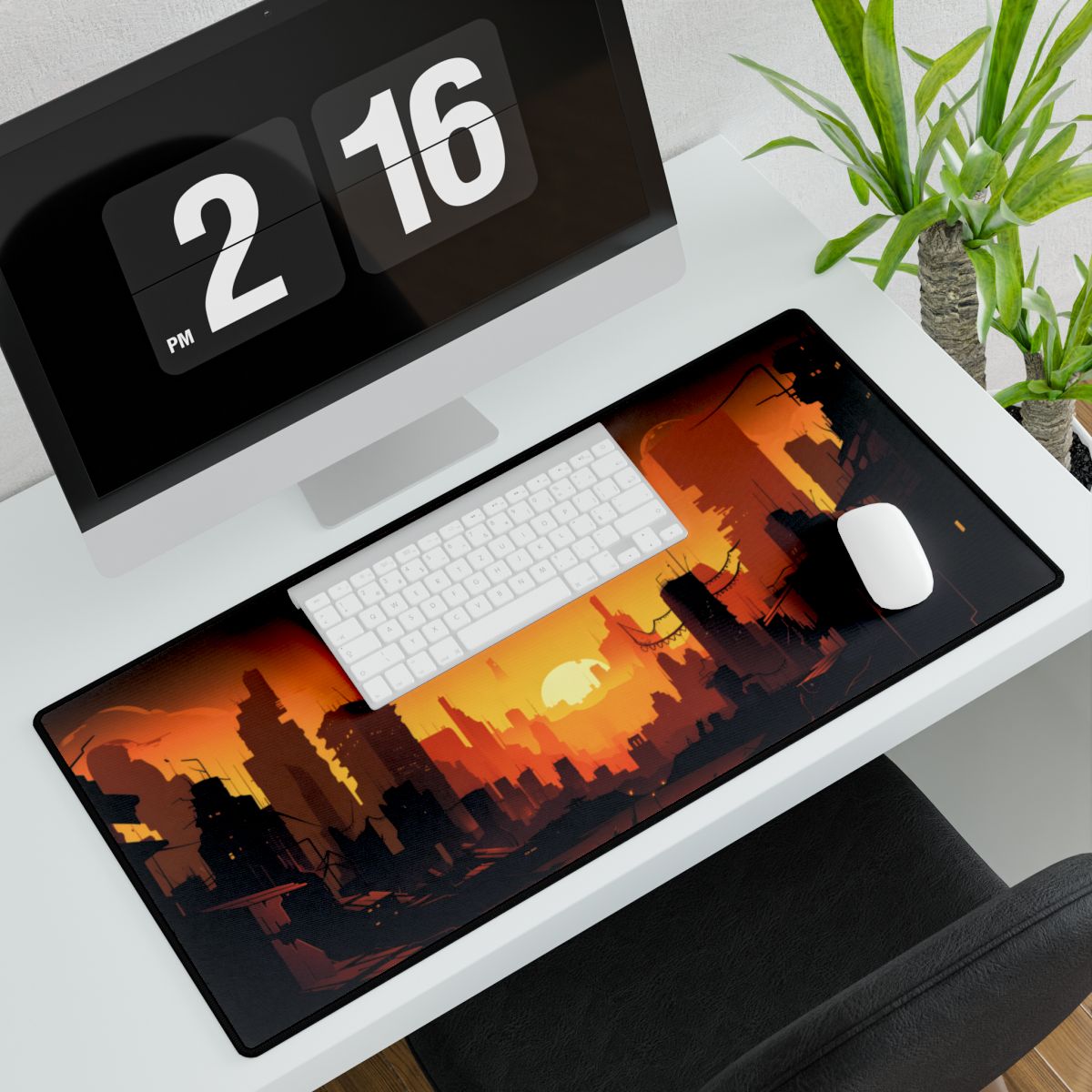 Cyberpunk Cityscape at Night: Digital Artwork of a Burning City - Desk Mat