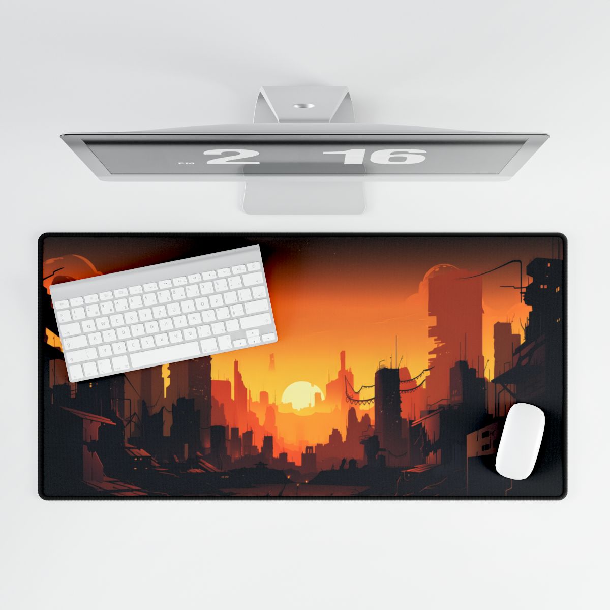 Cyberpunk Cityscape at Night: Digital Artwork of a Burning City - Desk Mat