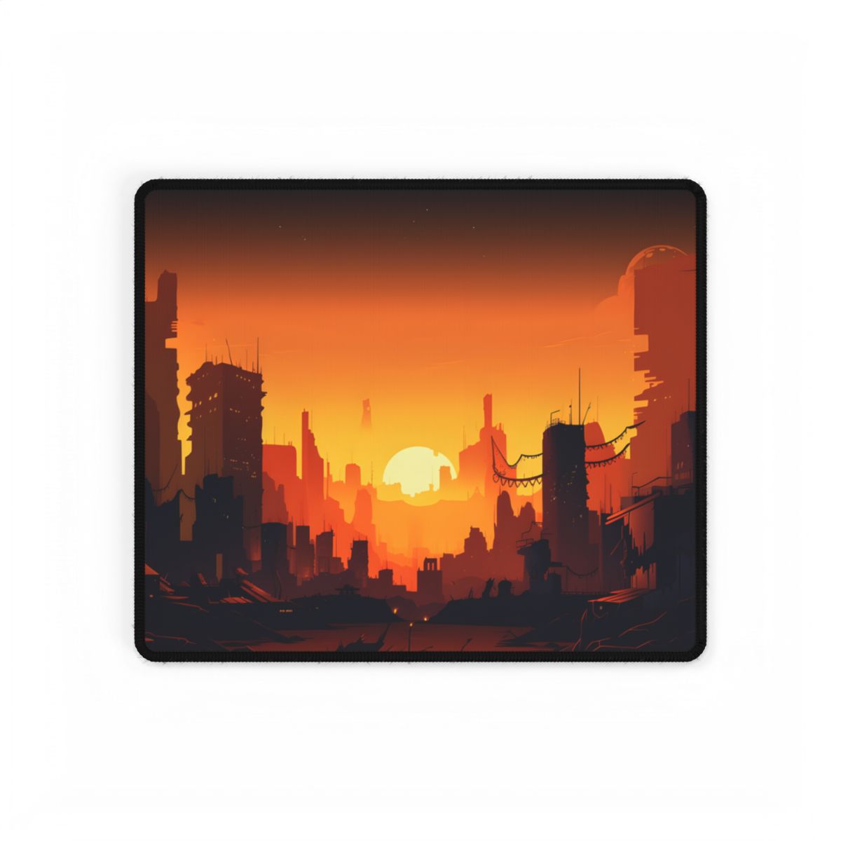 Cyberpunk Cityscape at Night: Digital Artwork of a Burning City - Desk Mat