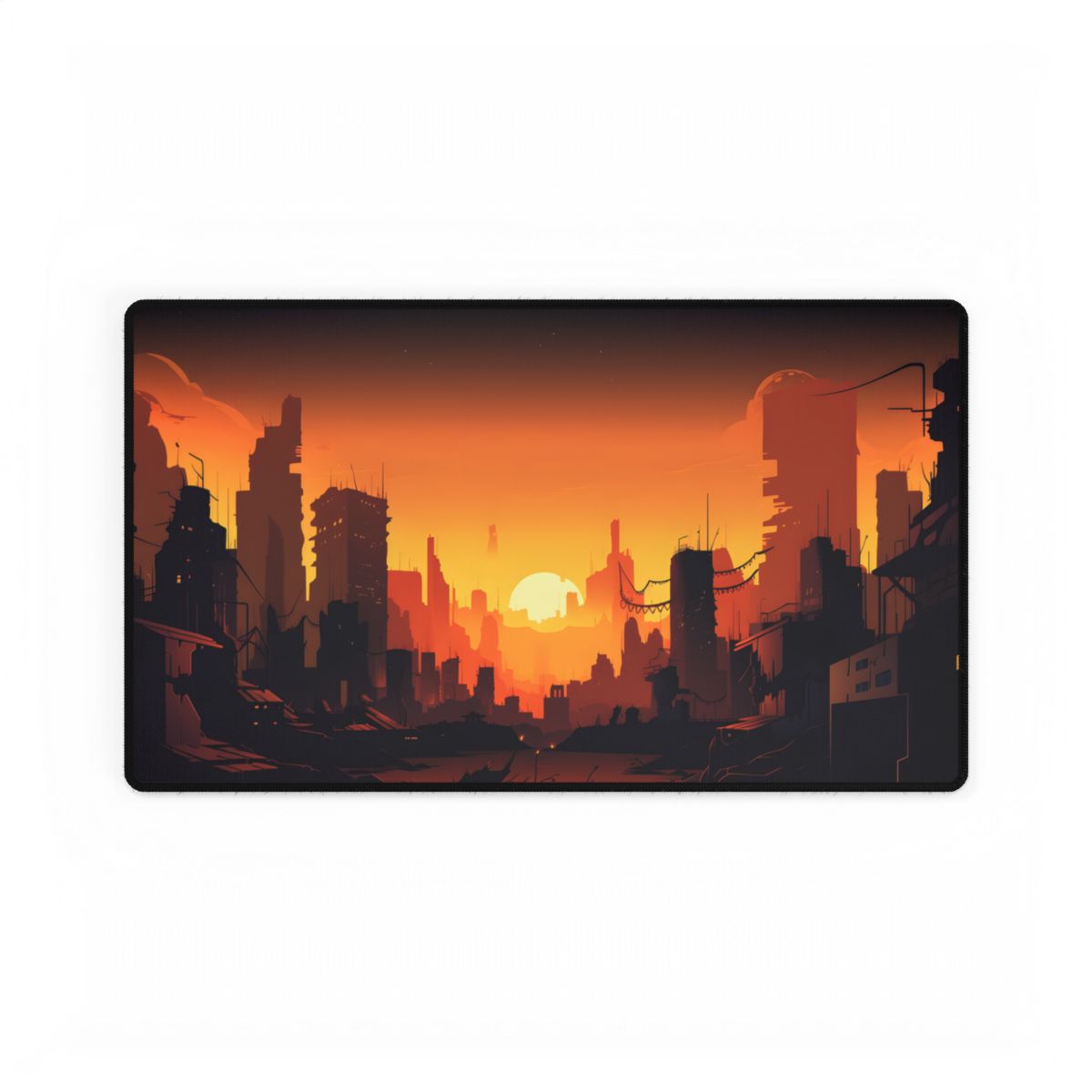 Cyberpunk Cityscape at Night: Digital Artwork of a Burning City - Desk Mat