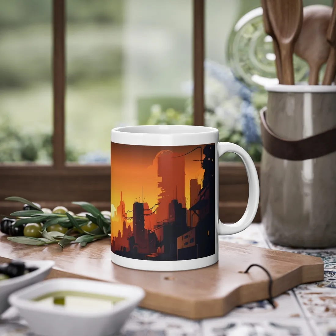 Cyberpunk Cityscape at Night: Digital Artwork of a Burning City - Mug