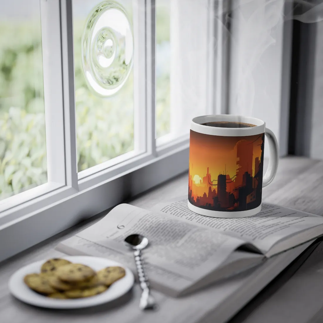Cyberpunk Cityscape at Night: Digital Artwork of a Burning City - Mug