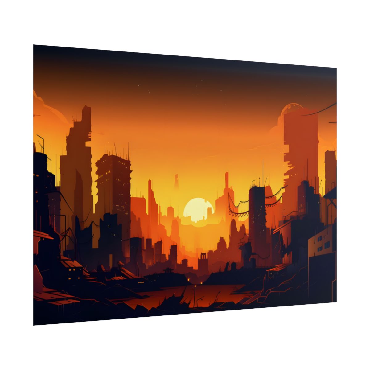 Cyberpunk Cityscape at Night: Digital Artwork of a Burning City - Poster