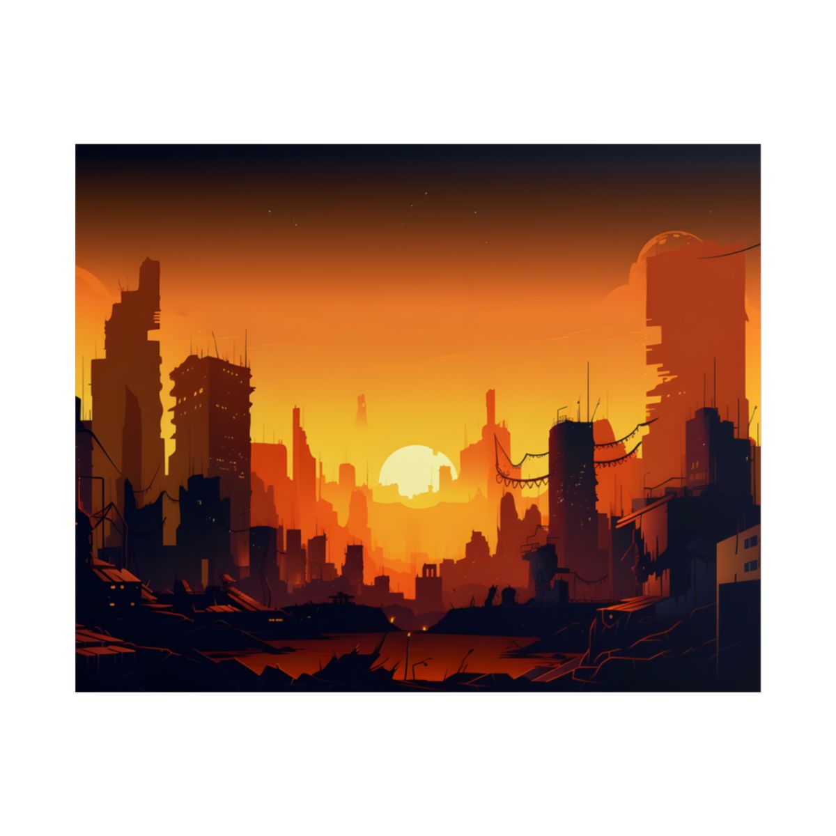 Cyberpunk Cityscape at Night: Digital Artwork of a Burning City - Poster