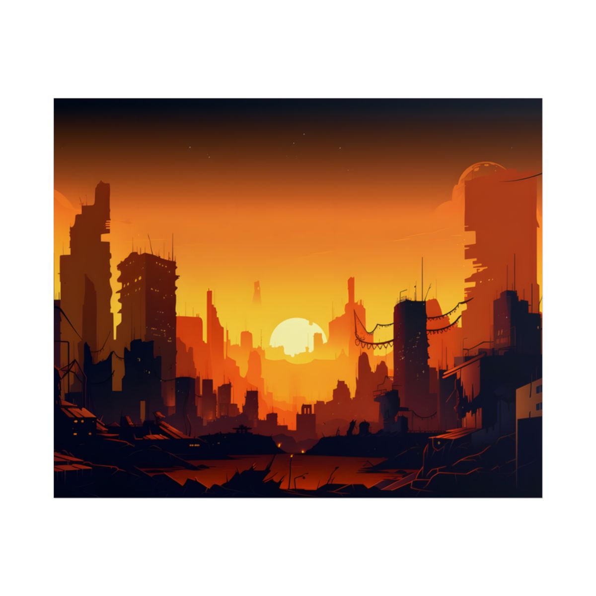 Cyberpunk Cityscape at Night: Digital Artwork of a Burning City - Poster