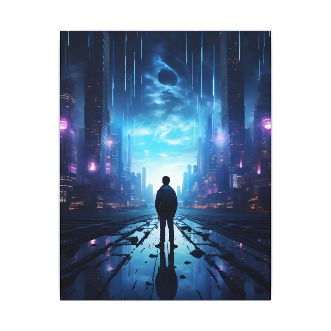 Cyberpunk Cityscape at Night: Melancholic Landscape Digital Art - Canvas