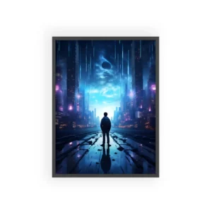 Lone Figure in Neon City Framed Poster