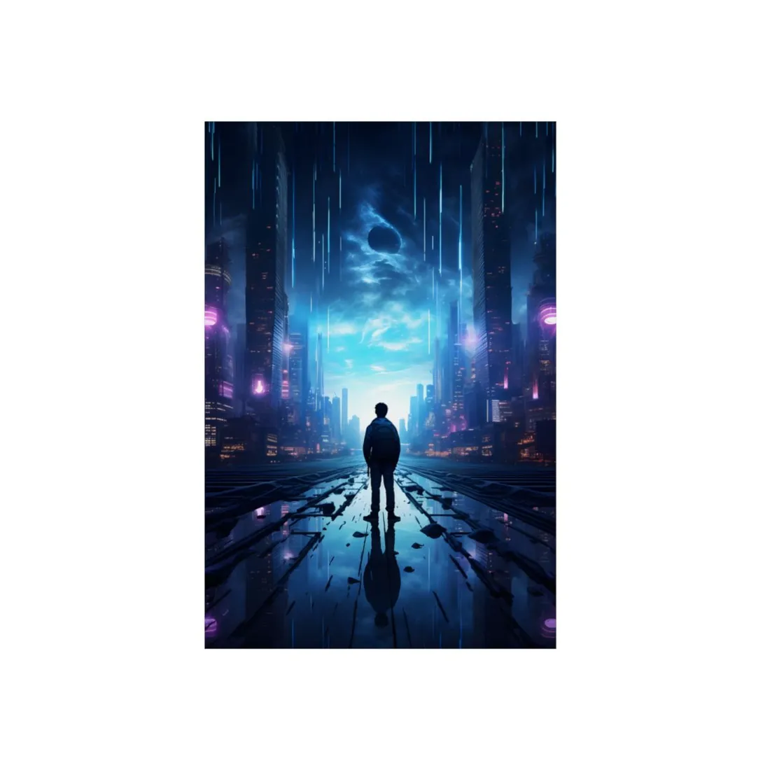 Cyberpunk Cityscape at Night: Melancholic Landscape Digital Art - Metal Poster