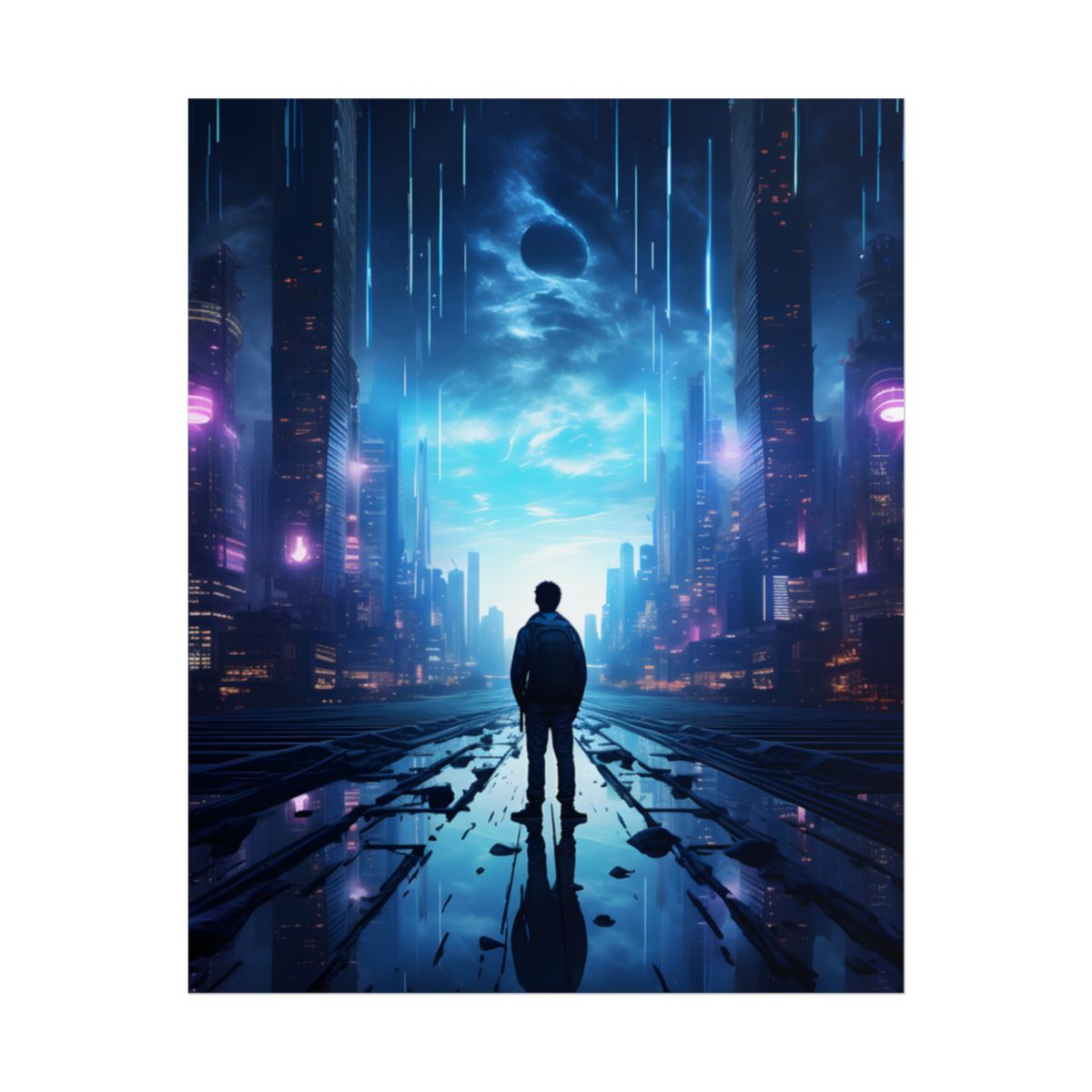 Cyberpunk Cityscape at Night: Melancholic Landscape Digital Art - Poster