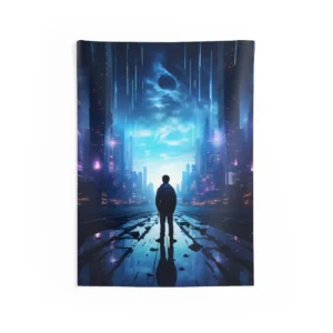 Lone Figure in Neon City Wall Tapestry