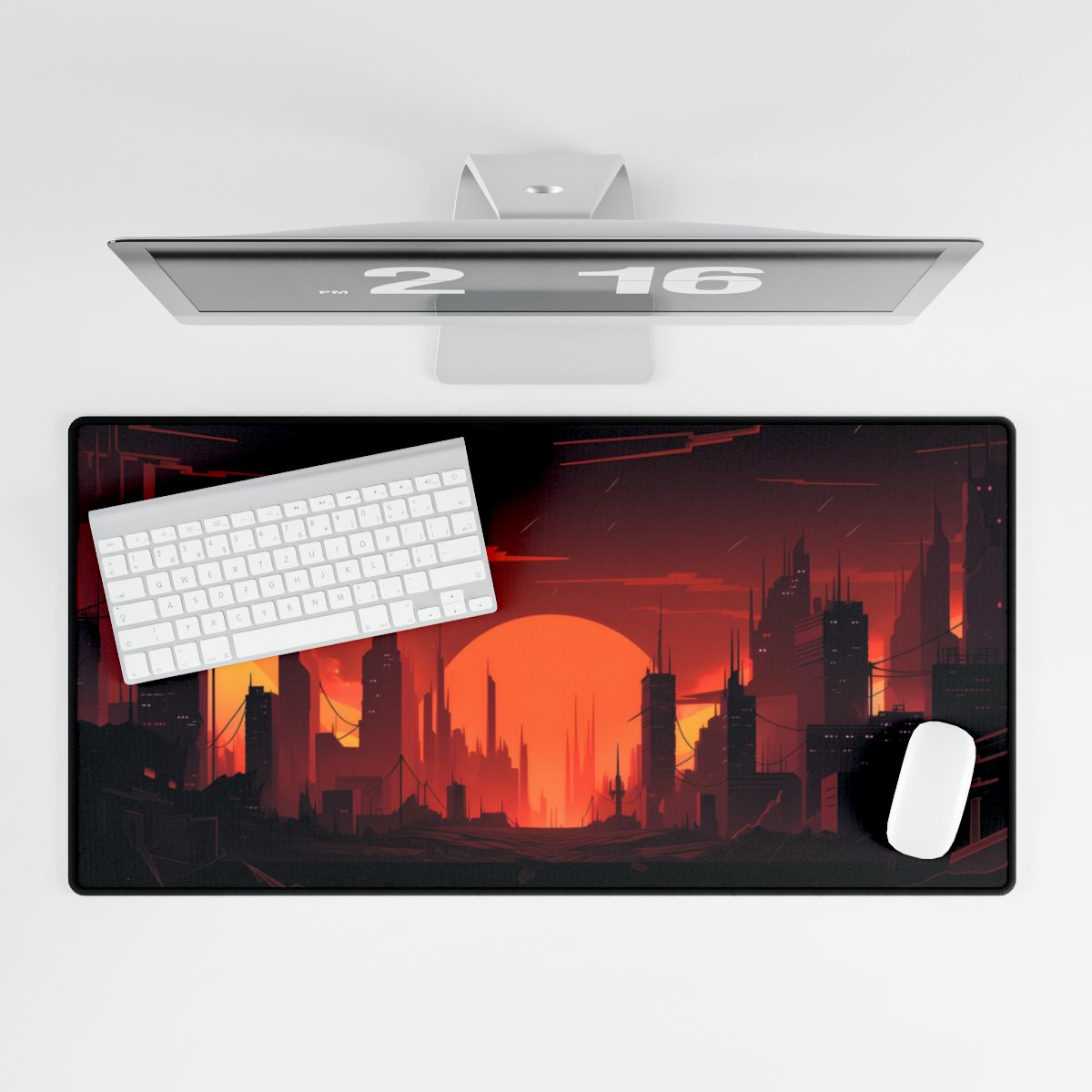 Cyberpunk Cityscape: Burning Nighttime Digital Art - Desk Mat