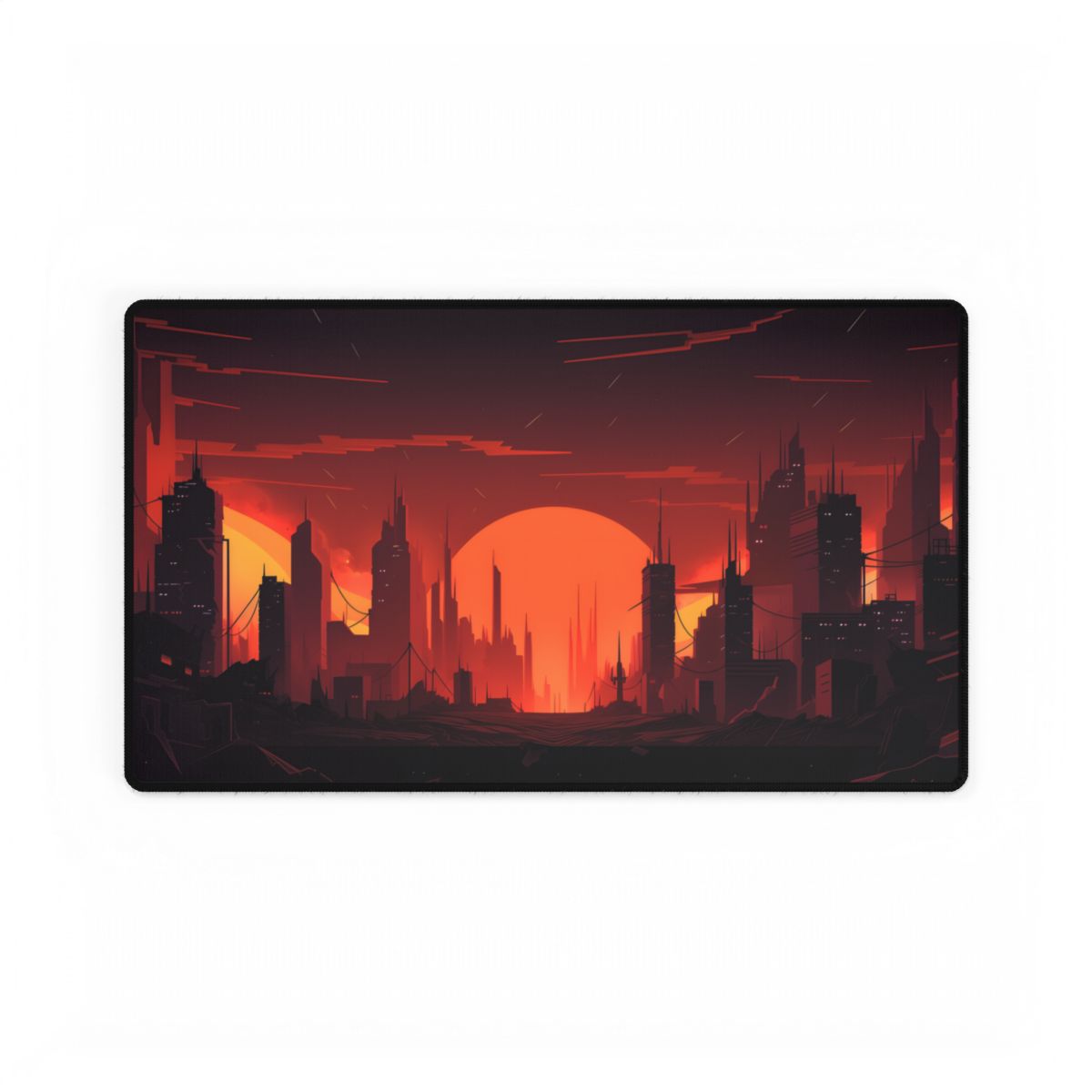 Cyberpunk Cityscape: Burning Nighttime Digital Art - Desk Mat
