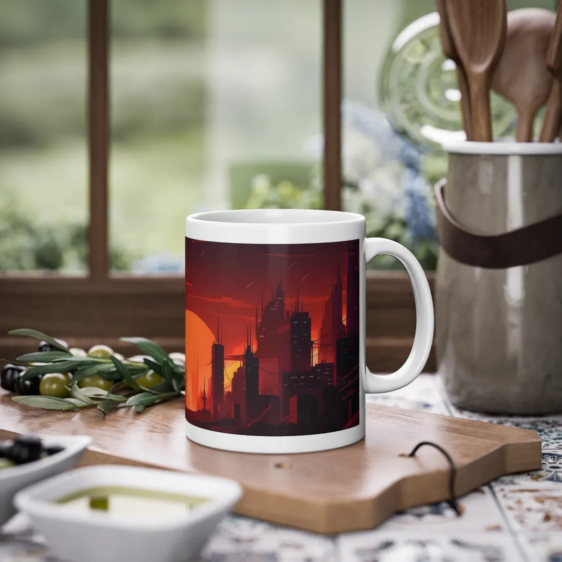 Cyberpunk Cityscape: Burning Nighttime Digital Art - Mug