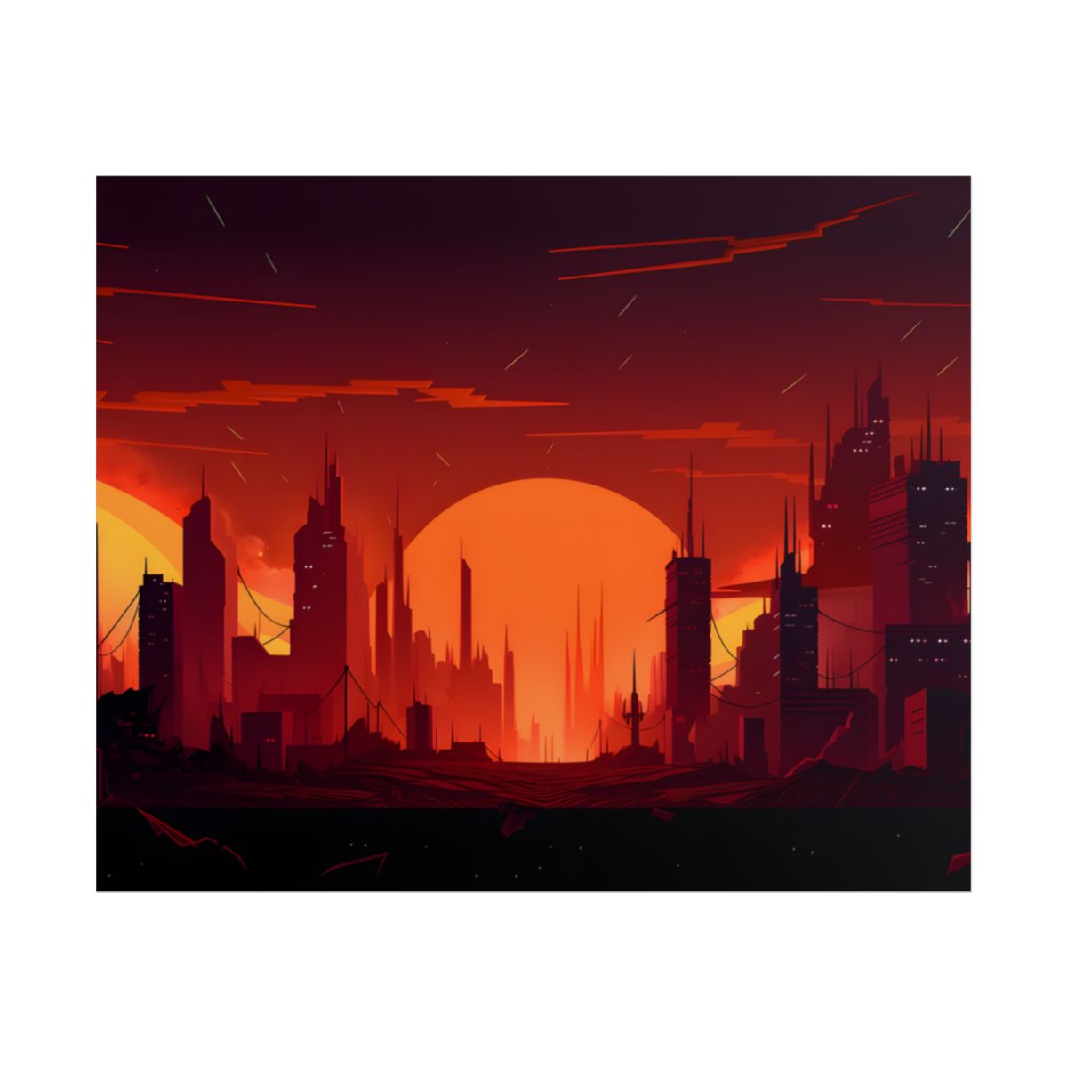 Cyberpunk Cityscape: Burning Nighttime Digital Art - Poster