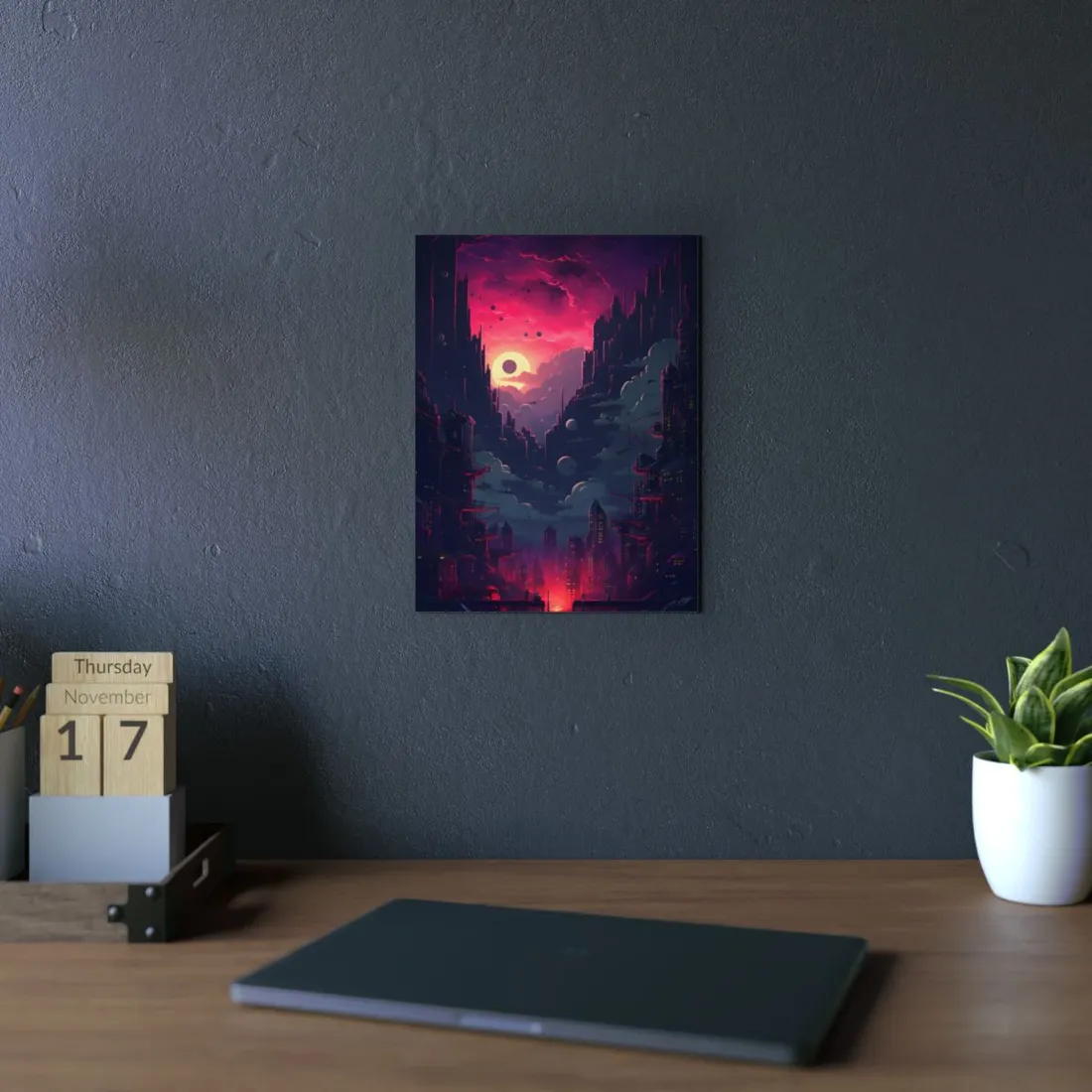 Cyberpunk Cityscape: Burning Nighttime Landscape Digital Art - Metal Poster
