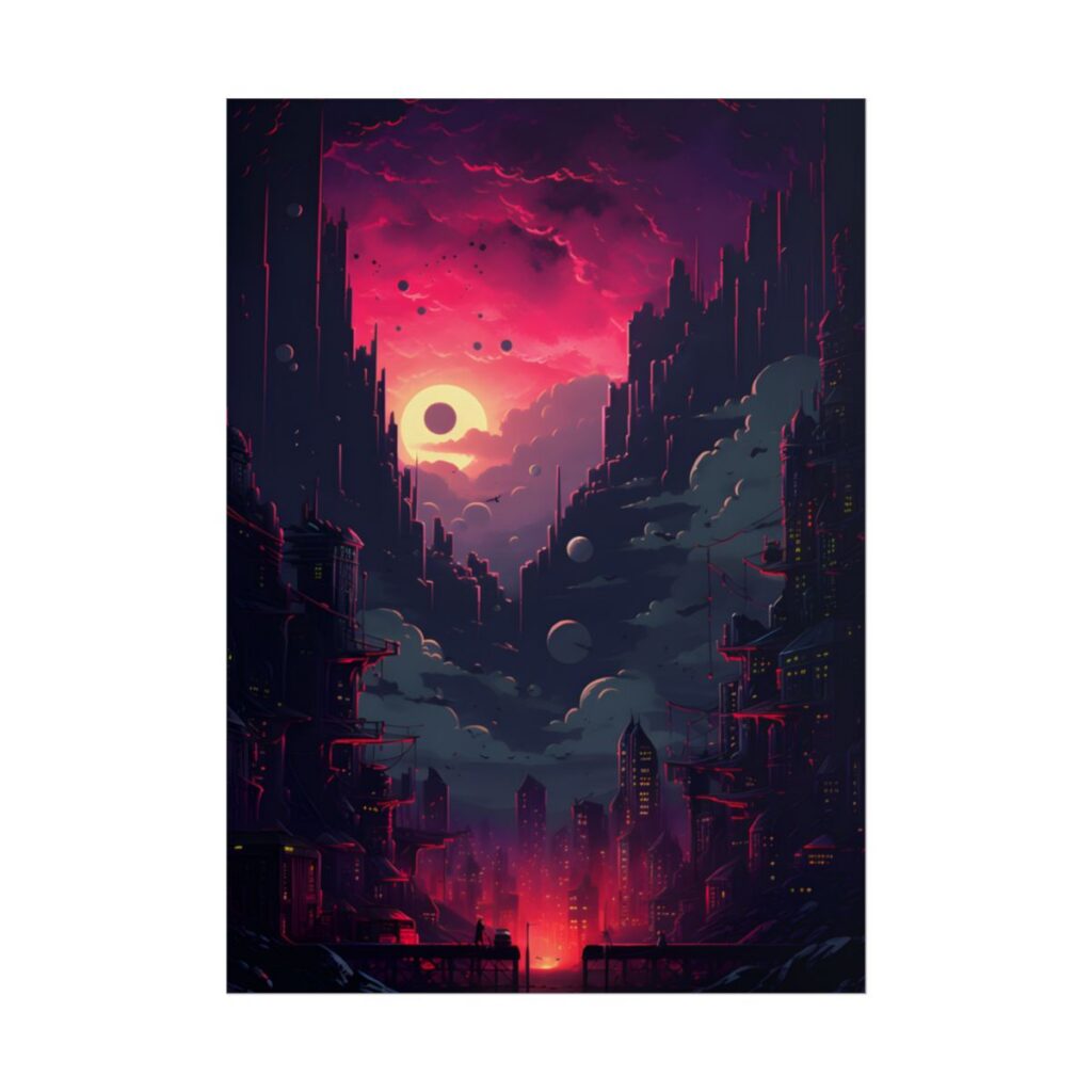 Cyberpunk Cityscape: Burning Nighttime Landscape Digital Art - Poster