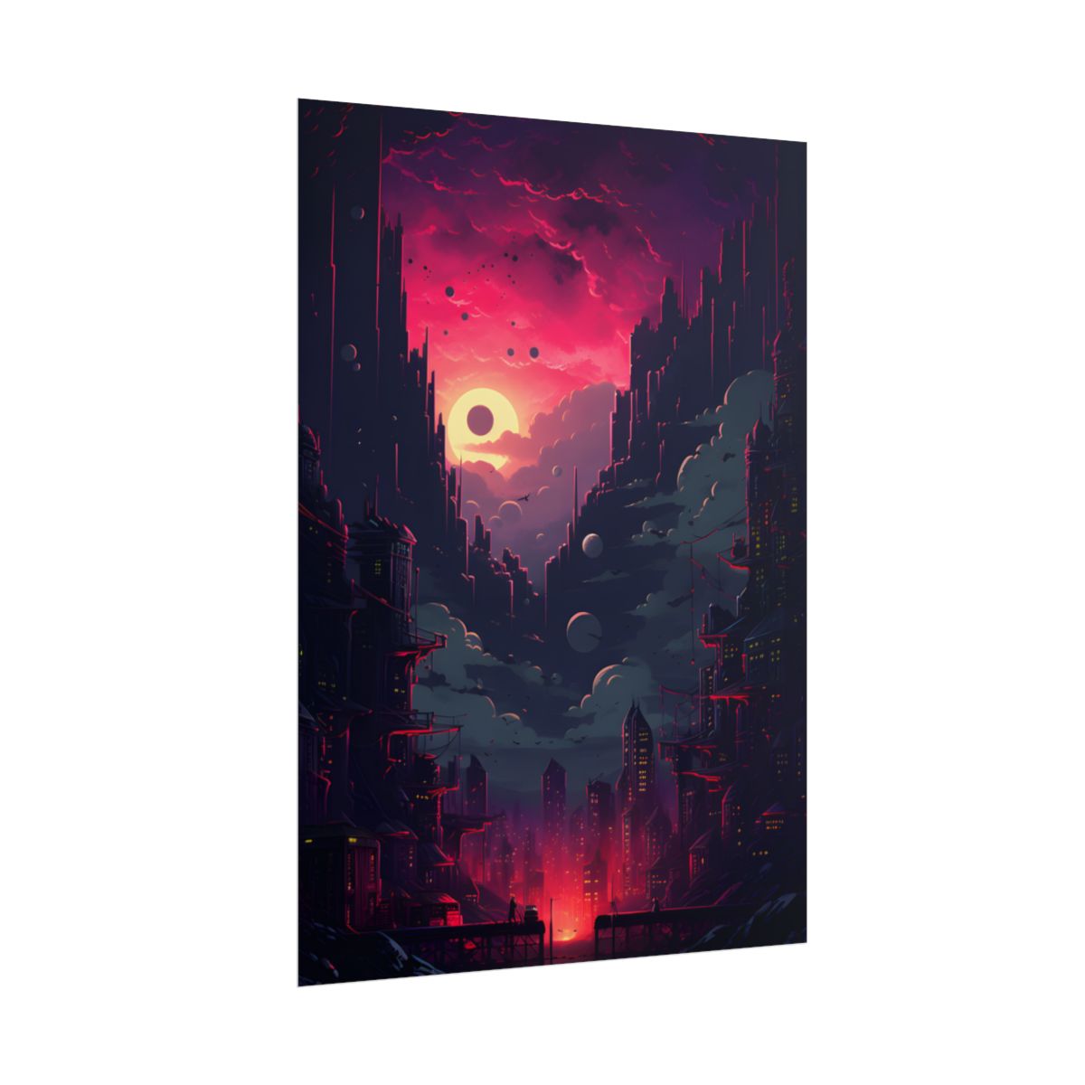 Cyberpunk Cityscape: Burning Nighttime Landscape Digital Art - Poster