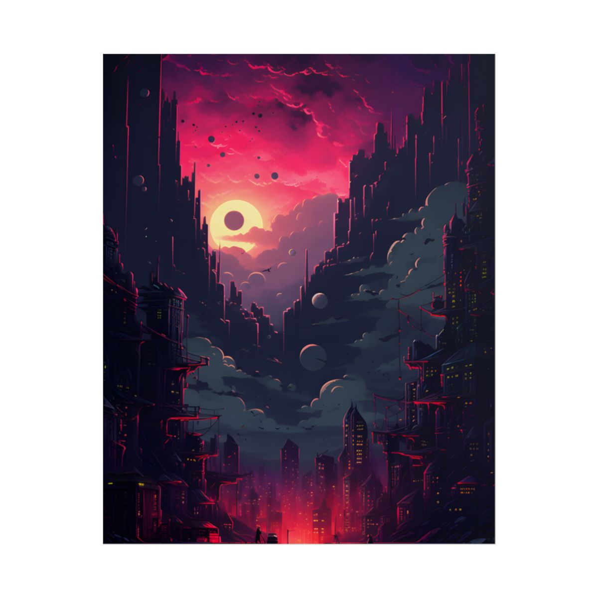 Cyberpunk Cityscape: Burning Nighttime Landscape Digital Art - Poster