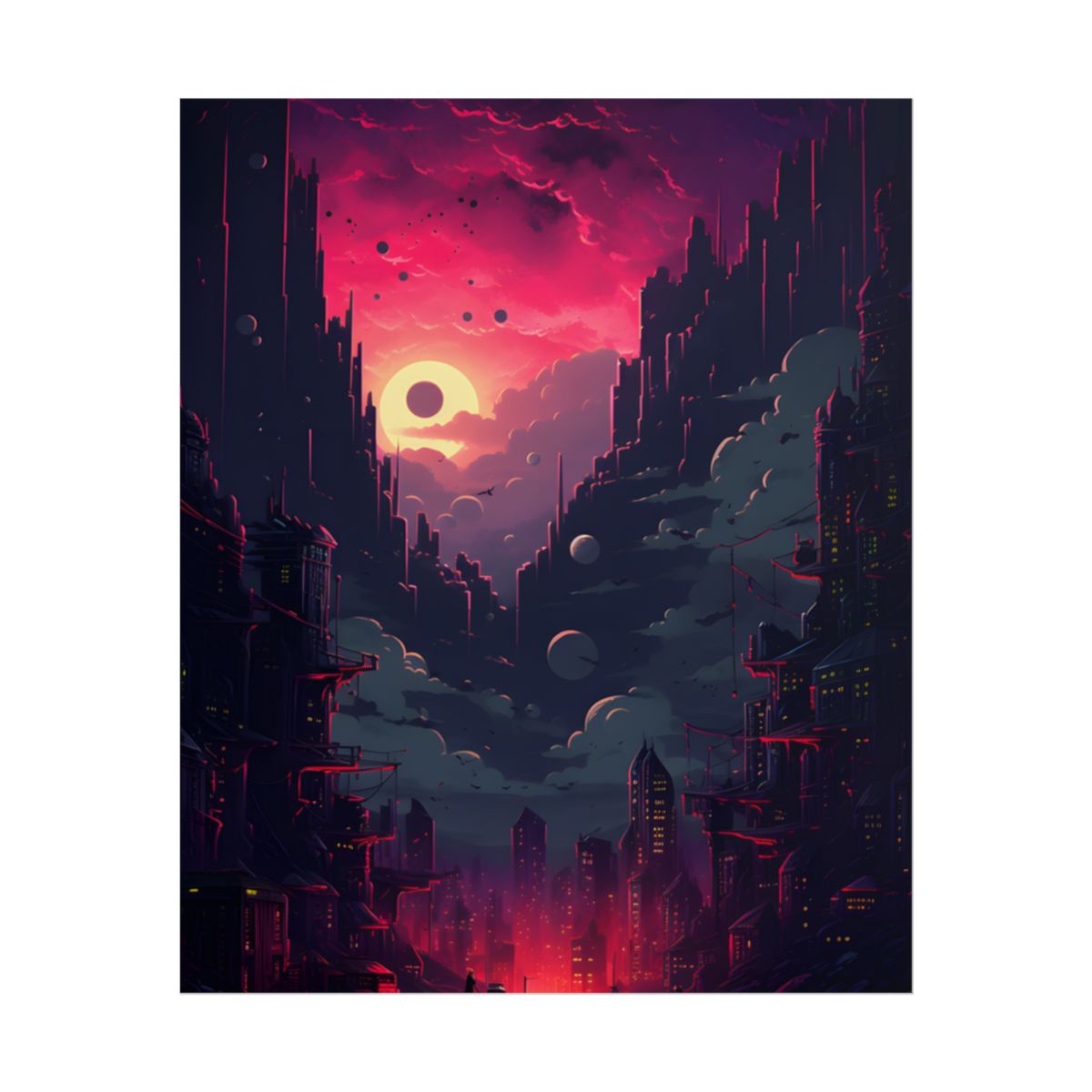 Cyberpunk Cityscape: Burning Nighttime Landscape Digital Art - Poster