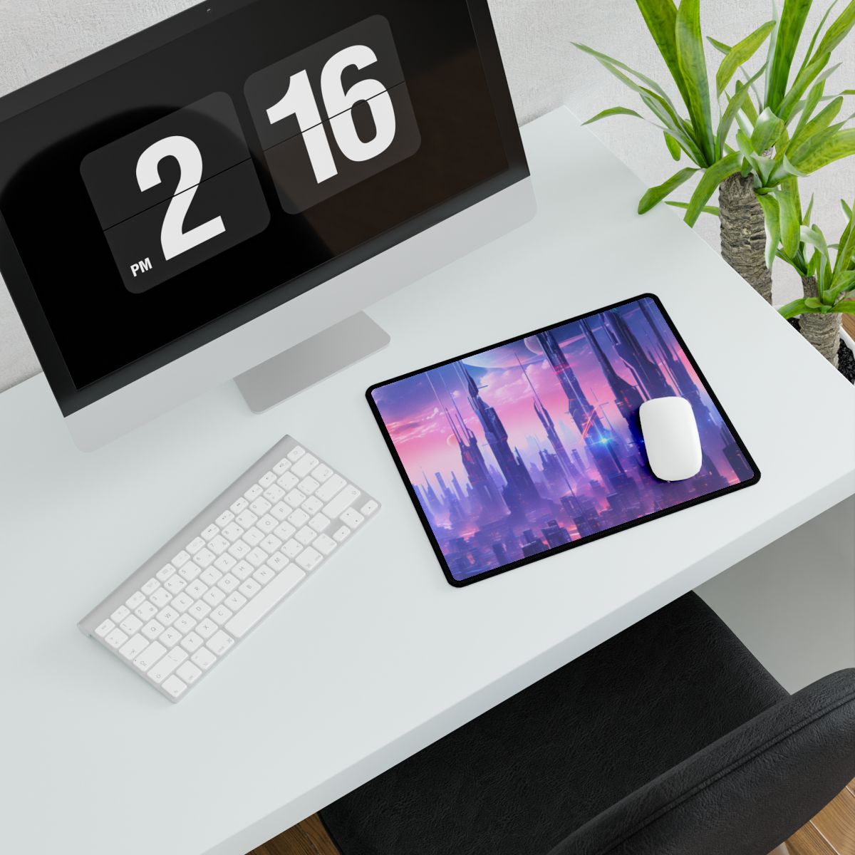 Cyberpunk Cityscape: Dark Futuristic Metropolis Digital Art - Desk Mat