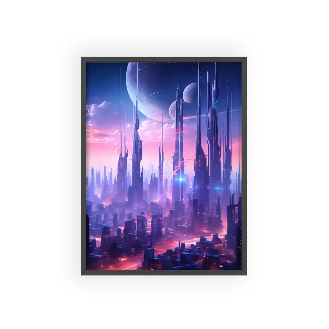 Cyberpunk Cityscape: Dark Futuristic Metropolis Digital Art - Framed Poster