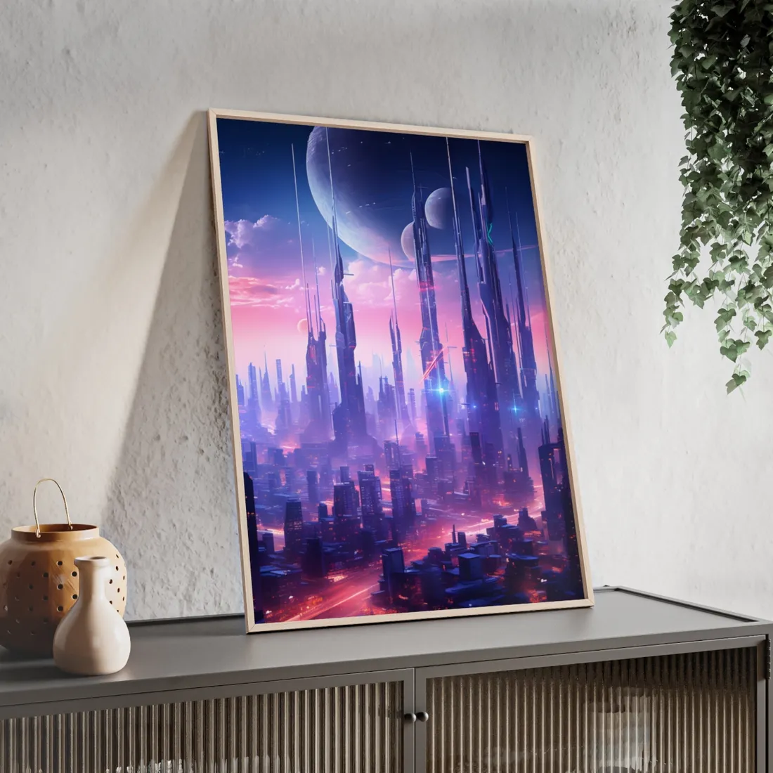 Cyberpunk Cityscape: Dark Futuristic Metropolis Digital Art - Framed Poster