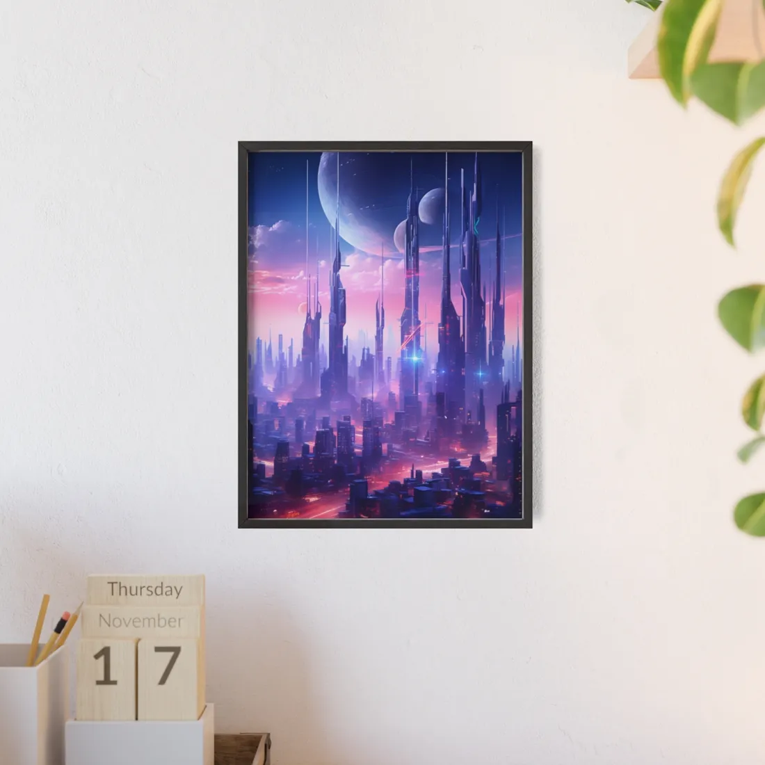 Cyberpunk Cityscape: Dark Futuristic Metropolis Digital Art - Framed Poster