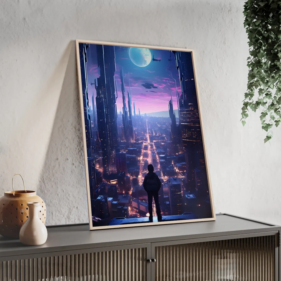 Cyberpunk Cityscape: Dystopian Future Urban - Framed Poster