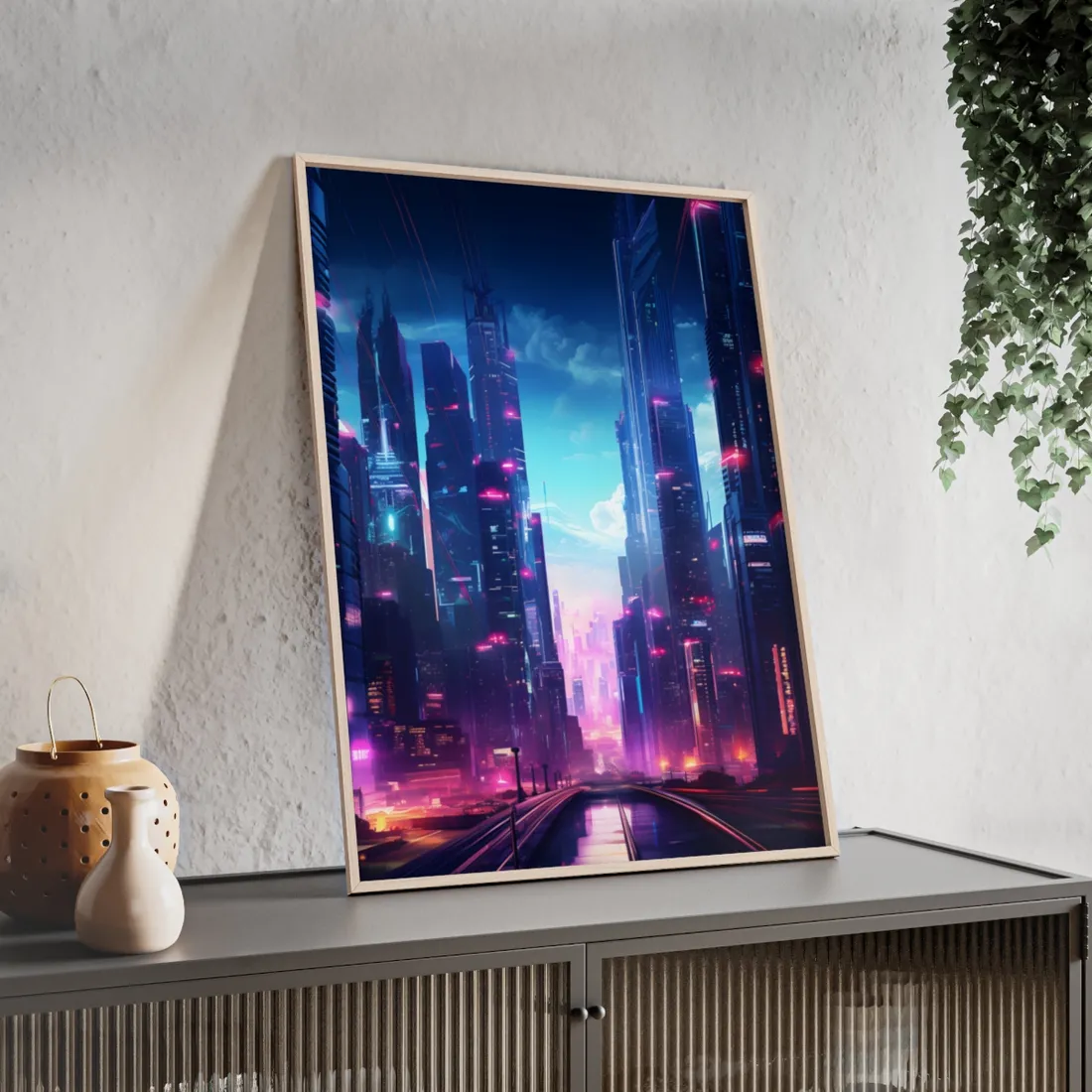 Cyberpunk Cityscape: Futuristic Urban Dreams - Framed Poster