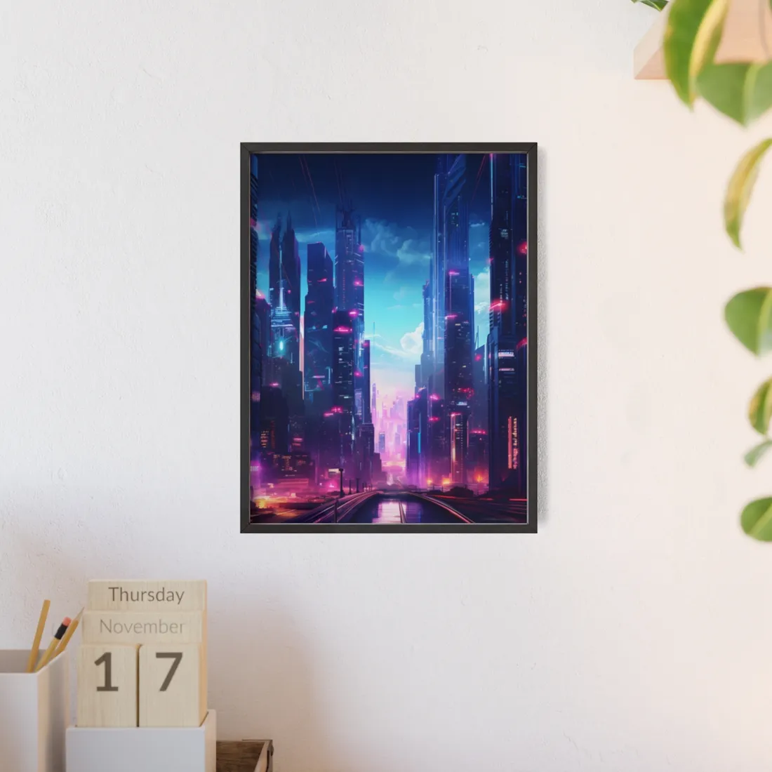 Cyberpunk Cityscape: Futuristic Urban Dreams - Framed Poster