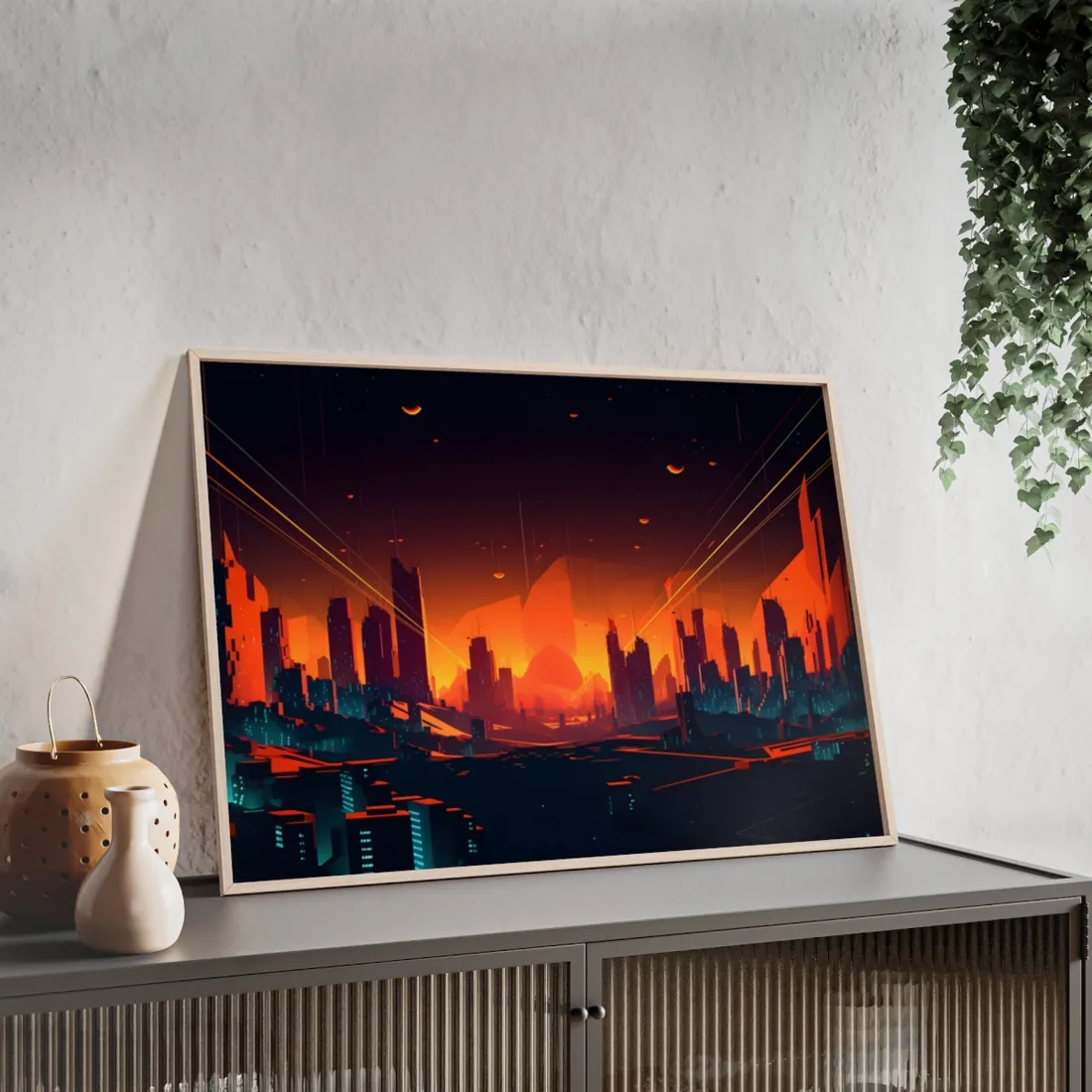 Cyberpunk Cityscape: Nighttime Landscape Photograph - Framed Poster