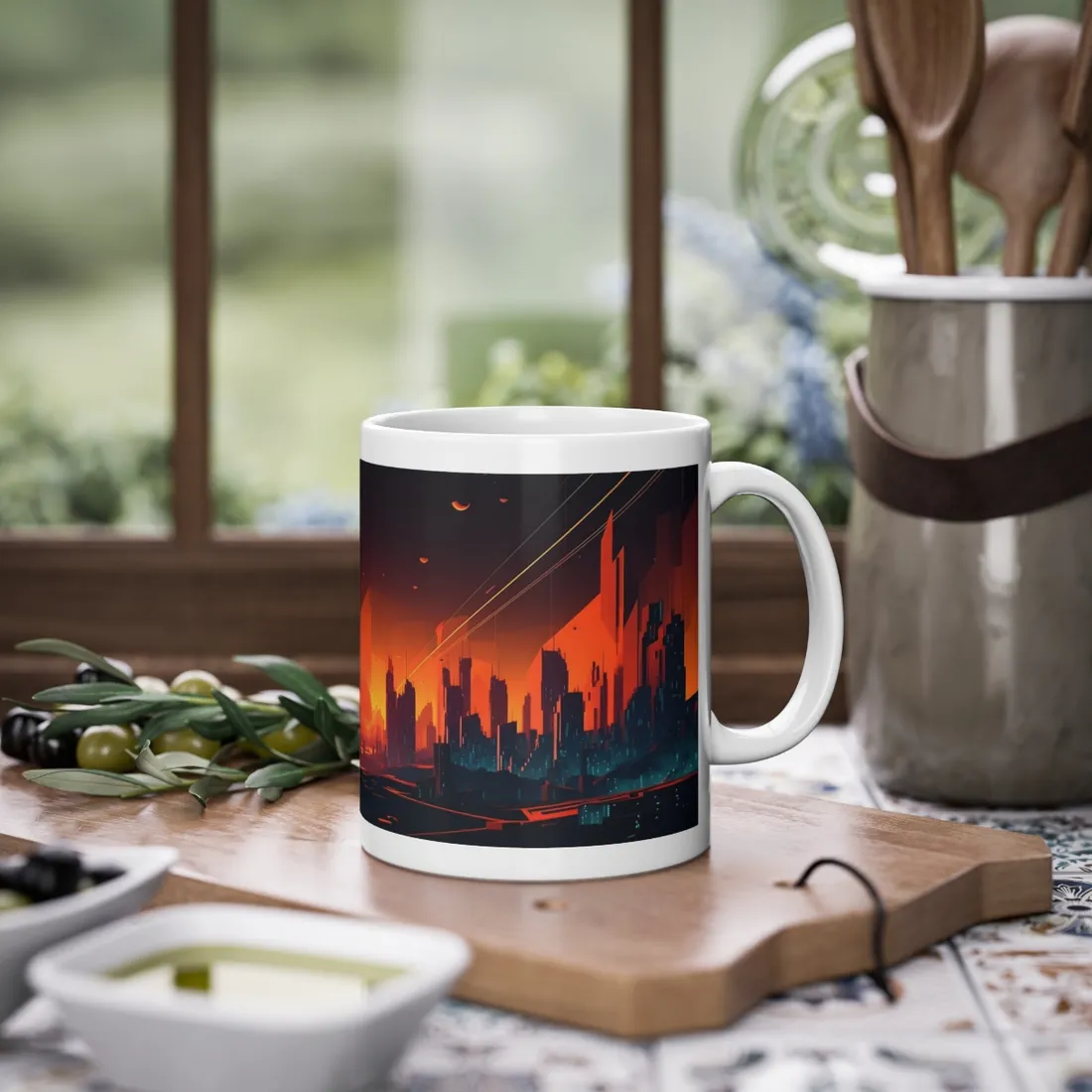 Cyberpunk Cityscape: Nighttime Landscape Photograph - Mug