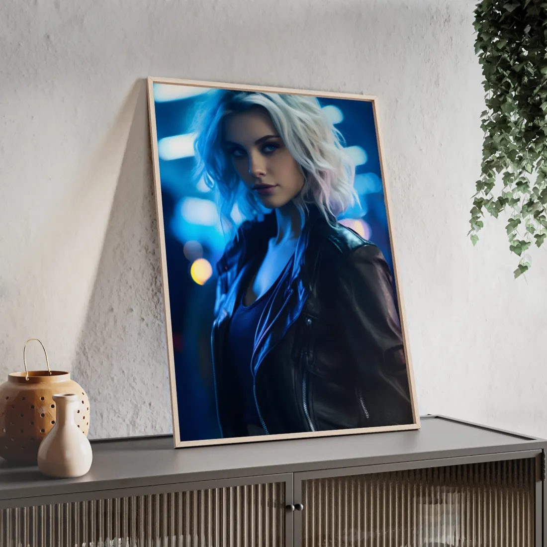 Cyberpunk Close-Up: Teenage Blonde Woman - Framed Poster