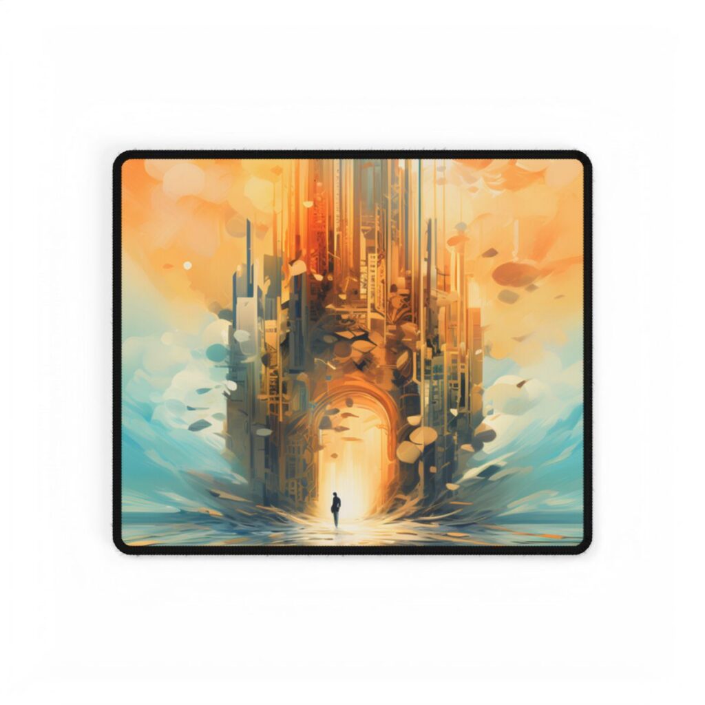 Cyberpunk Dreamscape: Dark Digital Artwork with Luminescent Entity - Desk Mat