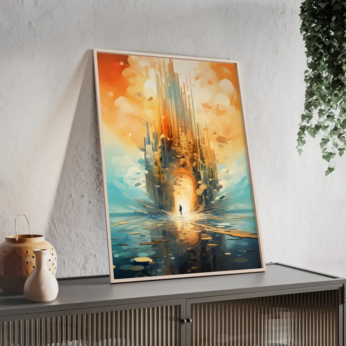 Cyberpunk Dreamscape: Dark Digital Artwork with Luminescent Entity - Framed Poster
