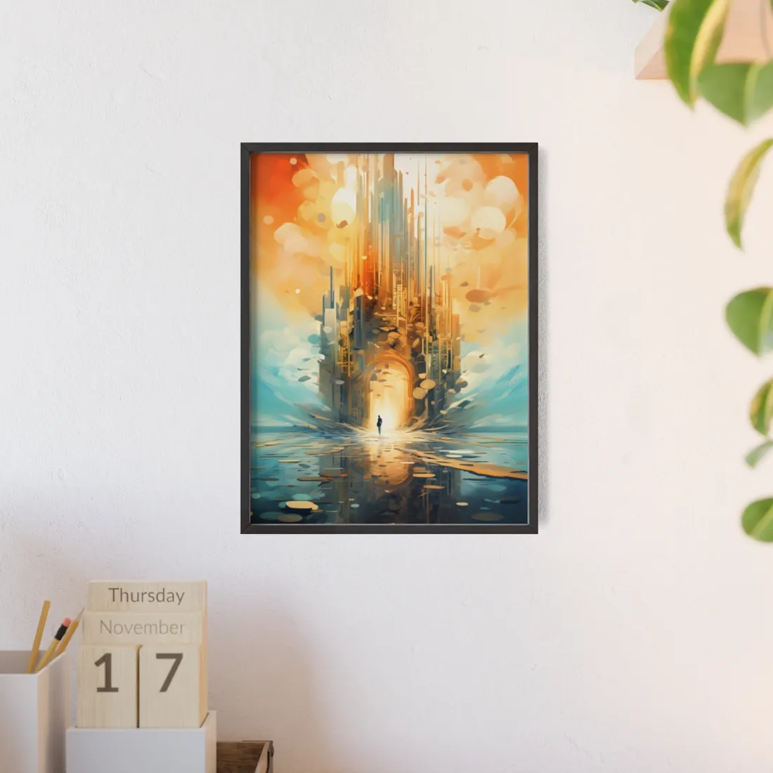 Cyberpunk Dreamscape: Dark Digital Artwork with Luminescent Entity - Framed Poster