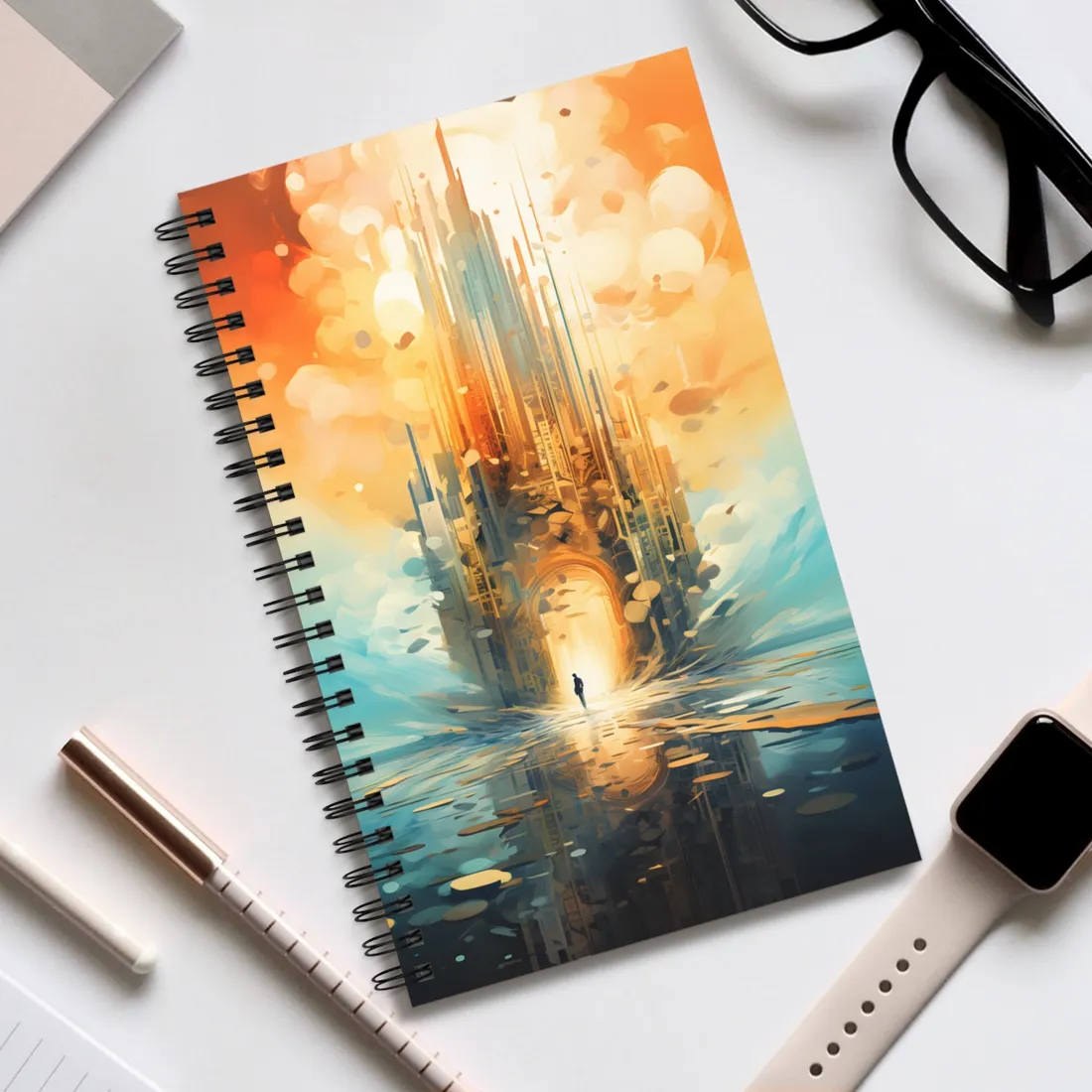Cyberpunk Dreamscape: Dark Digital Artwork with Luminescent Entity - Spiral Notebook