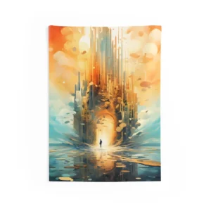 Spired City with Glowing Archway Wall Tapestry