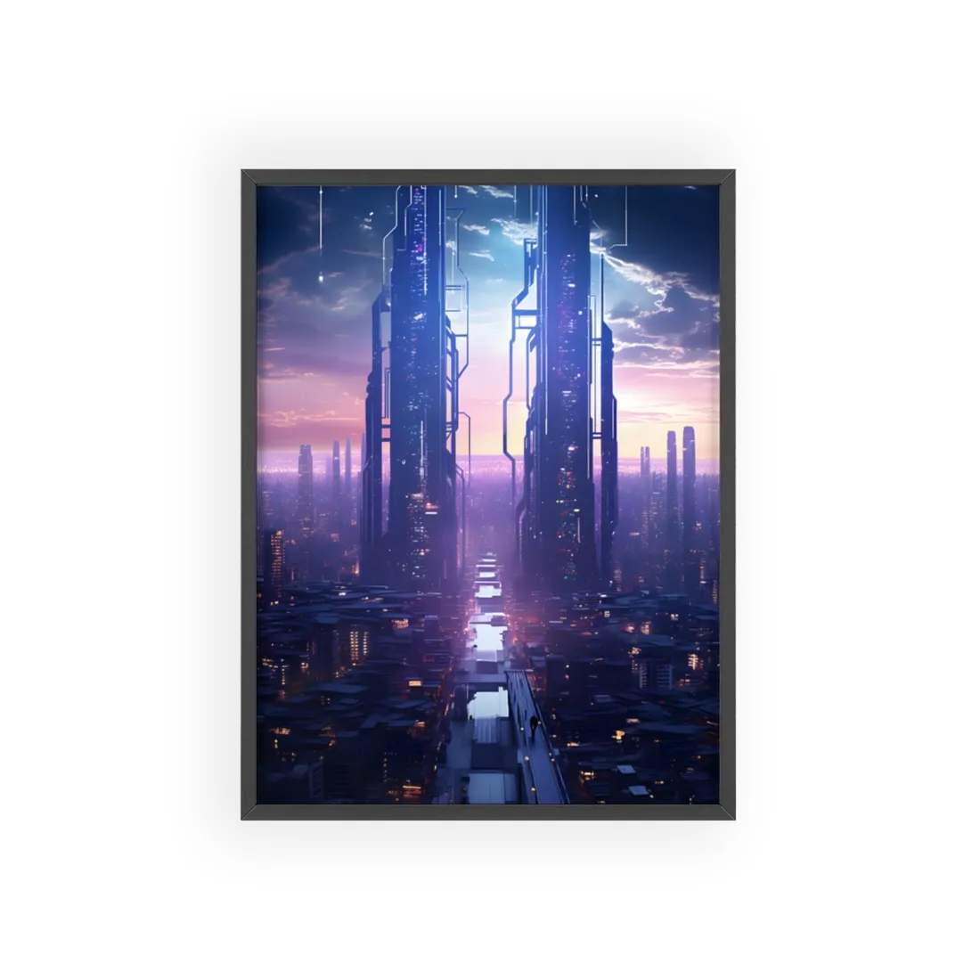 Cyberpunk Dystopia: Dark Cityscape Digital Art - Framed Poster