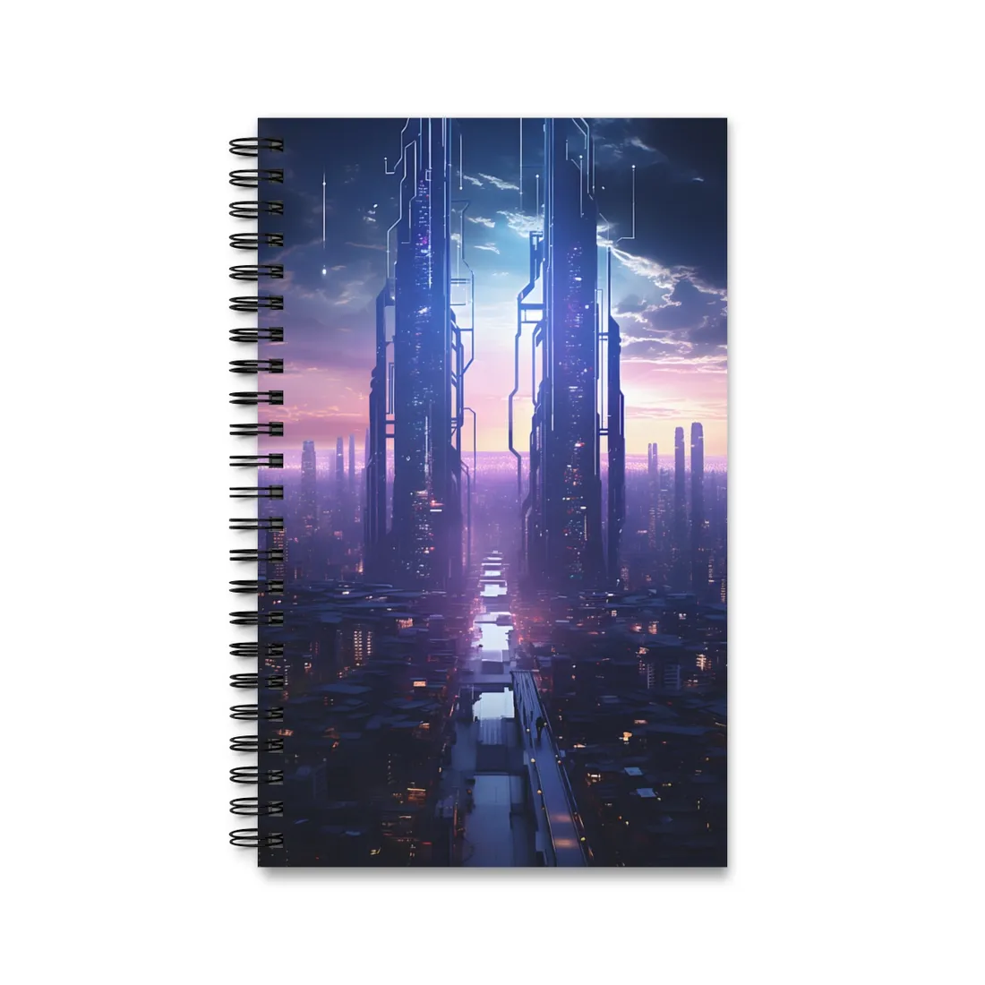 Cyberpunk Dystopia: Dark Cityscape Digital Art - Spiral Notebook