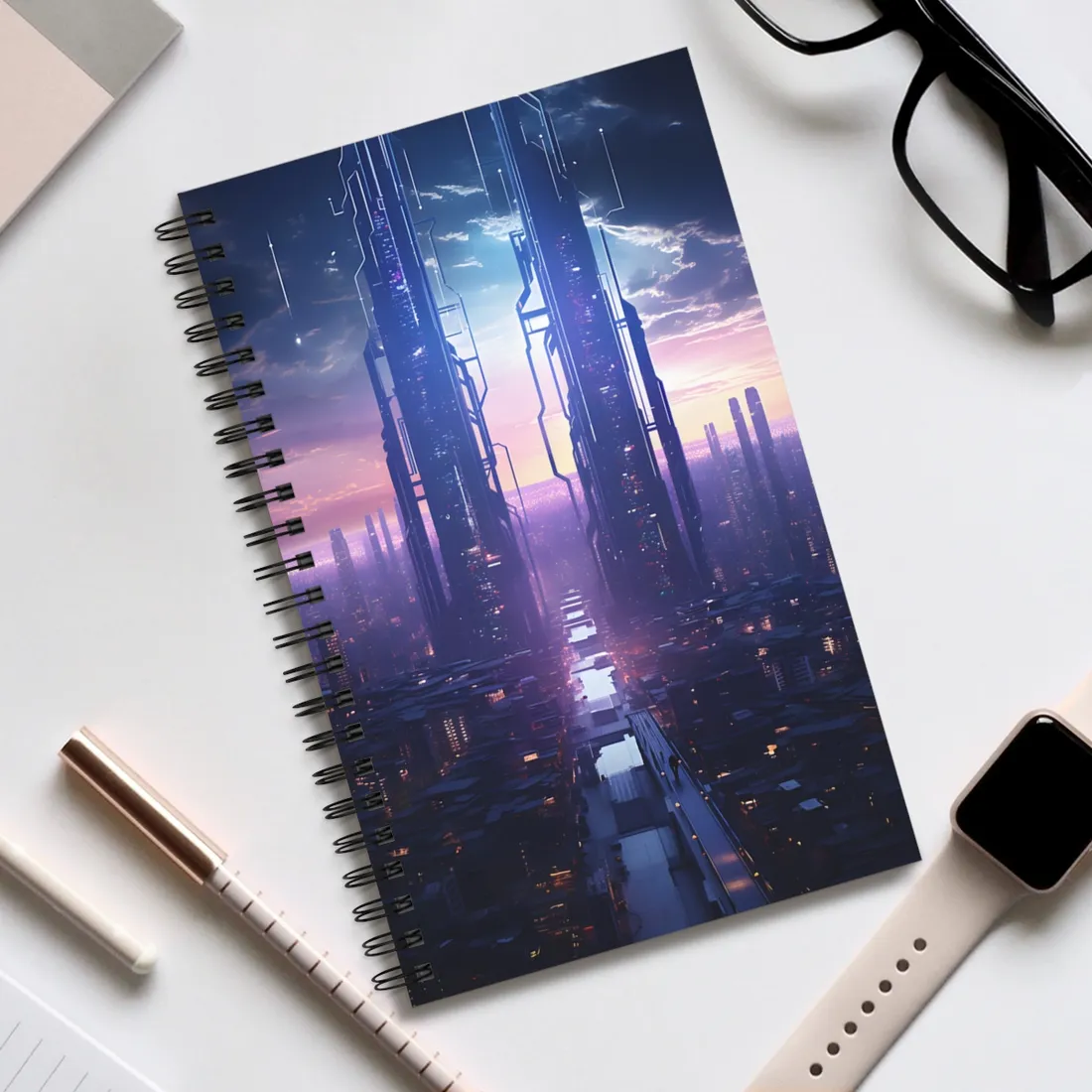 Cyberpunk Dystopia: Dark Cityscape Digital Art - Spiral Notebook