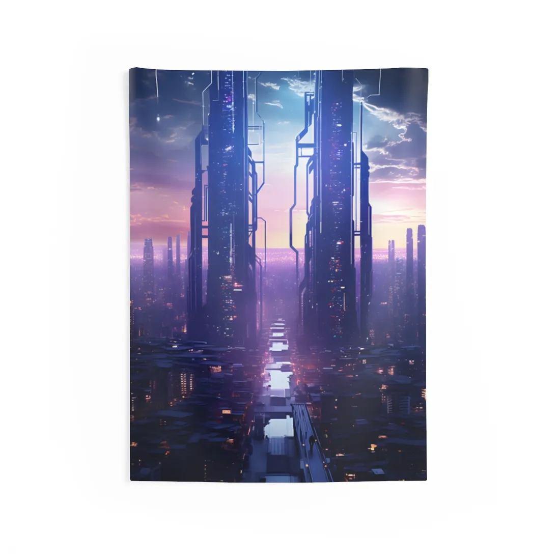 Cyberpunk Dystopia: Dark Cityscape Digital Art - Wall Tapestry