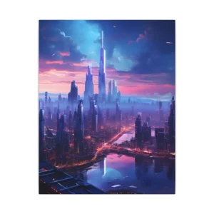 Illuminated Skyscrapers over River Canvas Print
