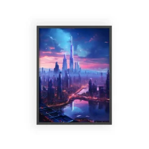Illuminated Skyscrapers over River Framed Poster