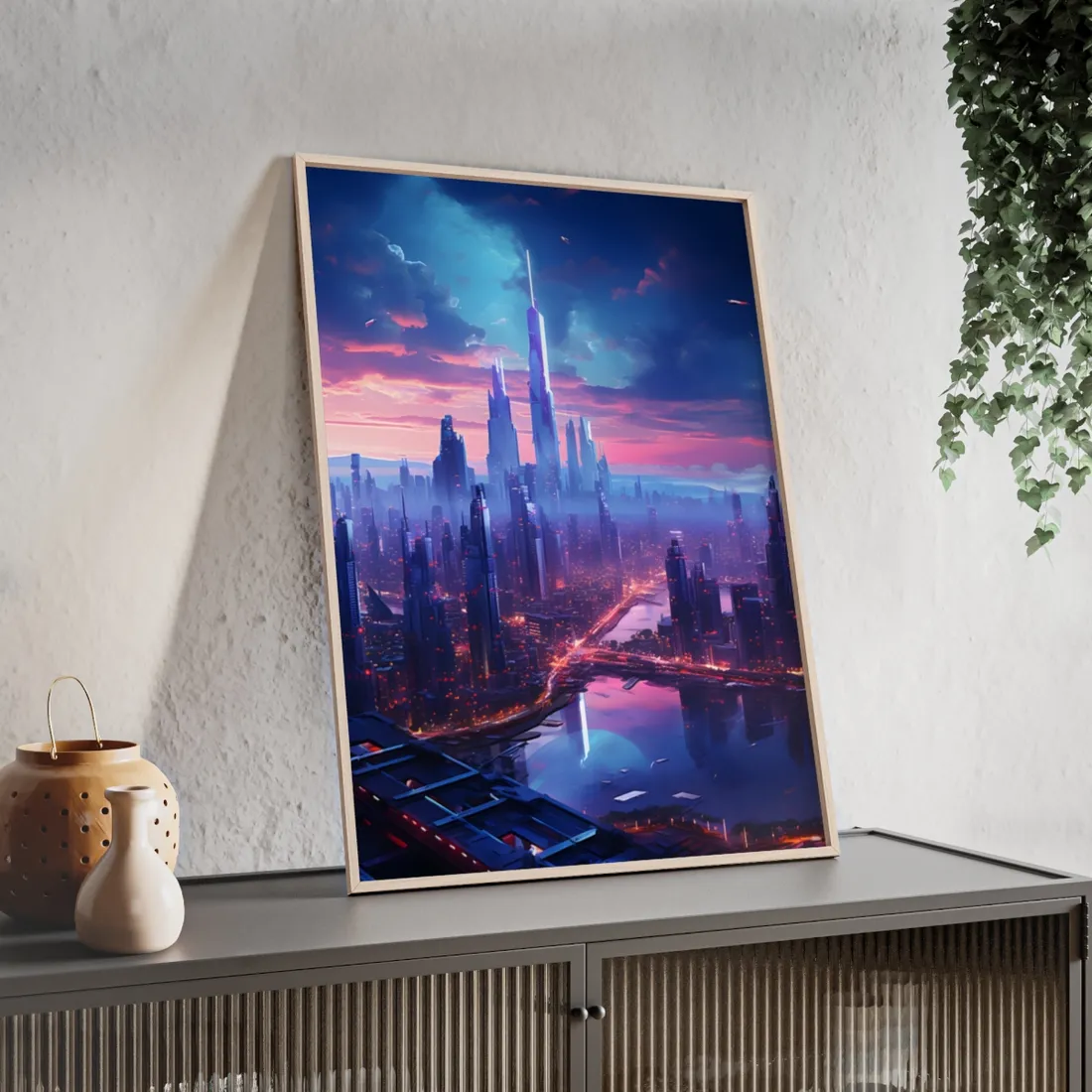 Cyberpunk Dystopia: Futuristic Cityscape Digital Art - Framed Poster