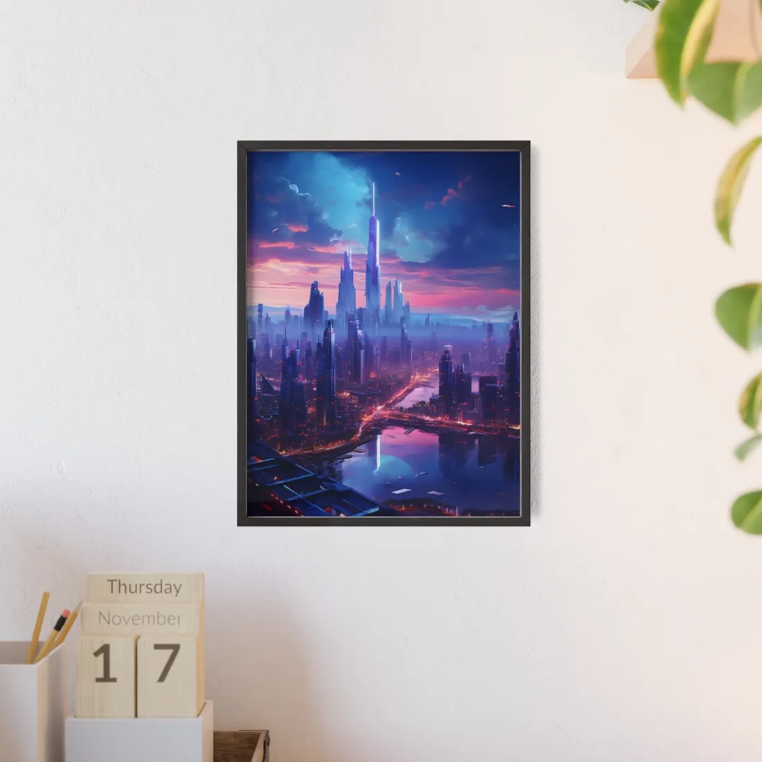 Cyberpunk Dystopia: Futuristic Cityscape Digital Art - Framed Poster