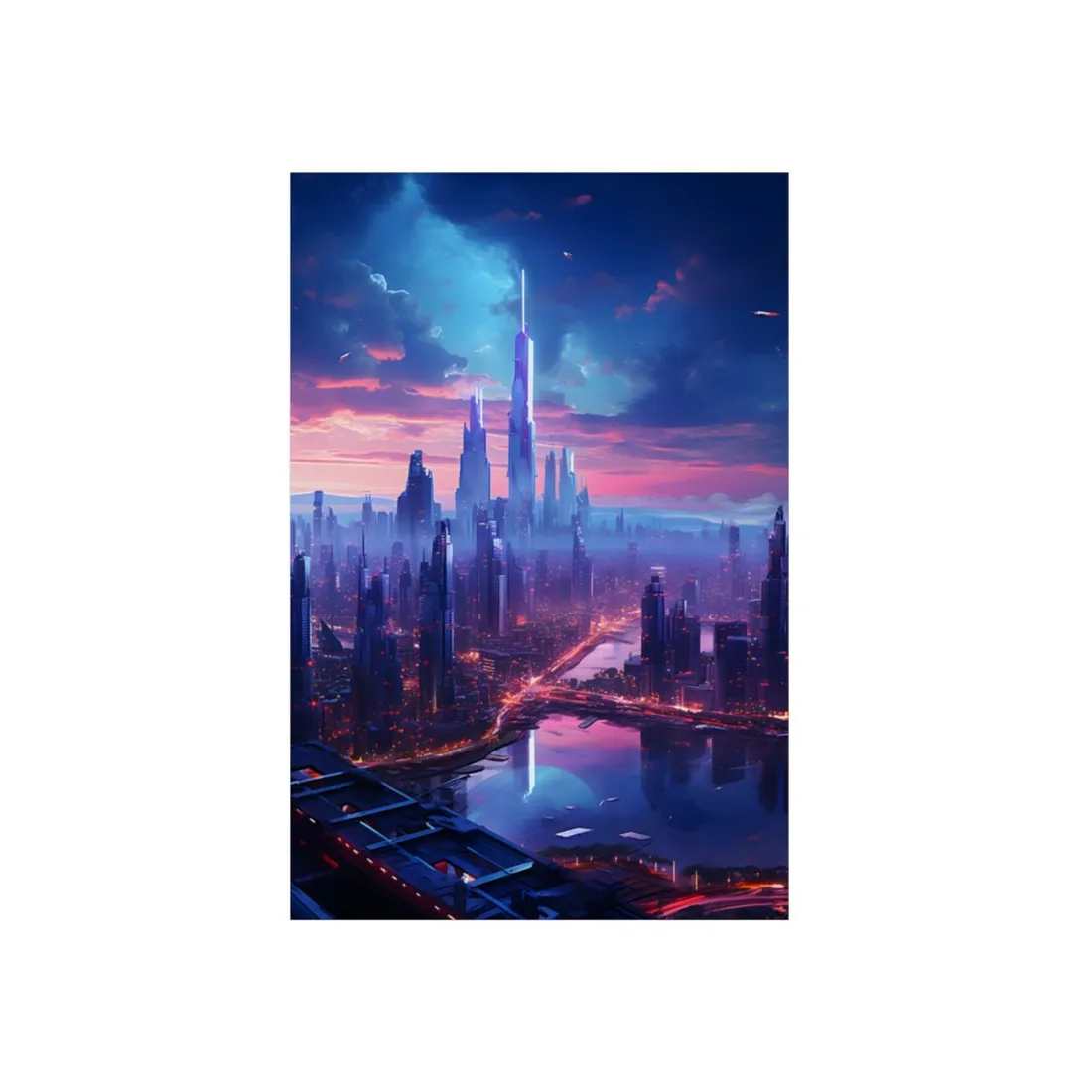 Cyberpunk Dystopia: Futuristic Cityscape Digital Art - Metal Poster