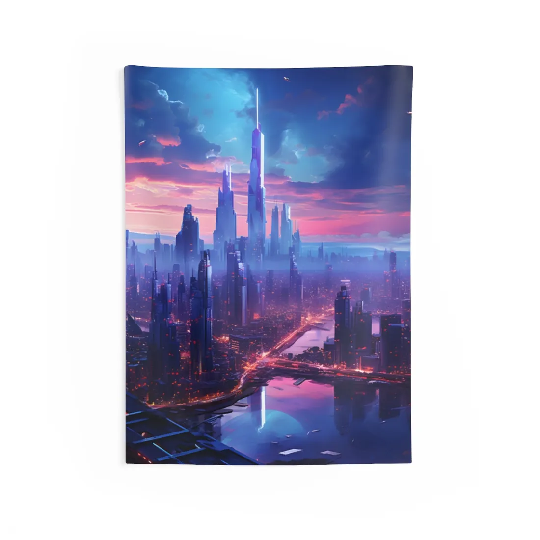Cyberpunk Dystopia: Futuristic Cityscape Digital Art - Wall Tapestry