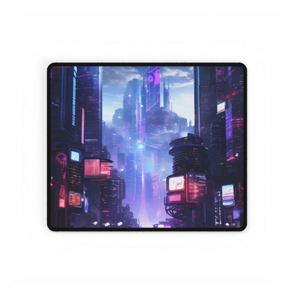 Cyberpunk Dystopia: Neon Cityscape Digital Art - Desk Mat