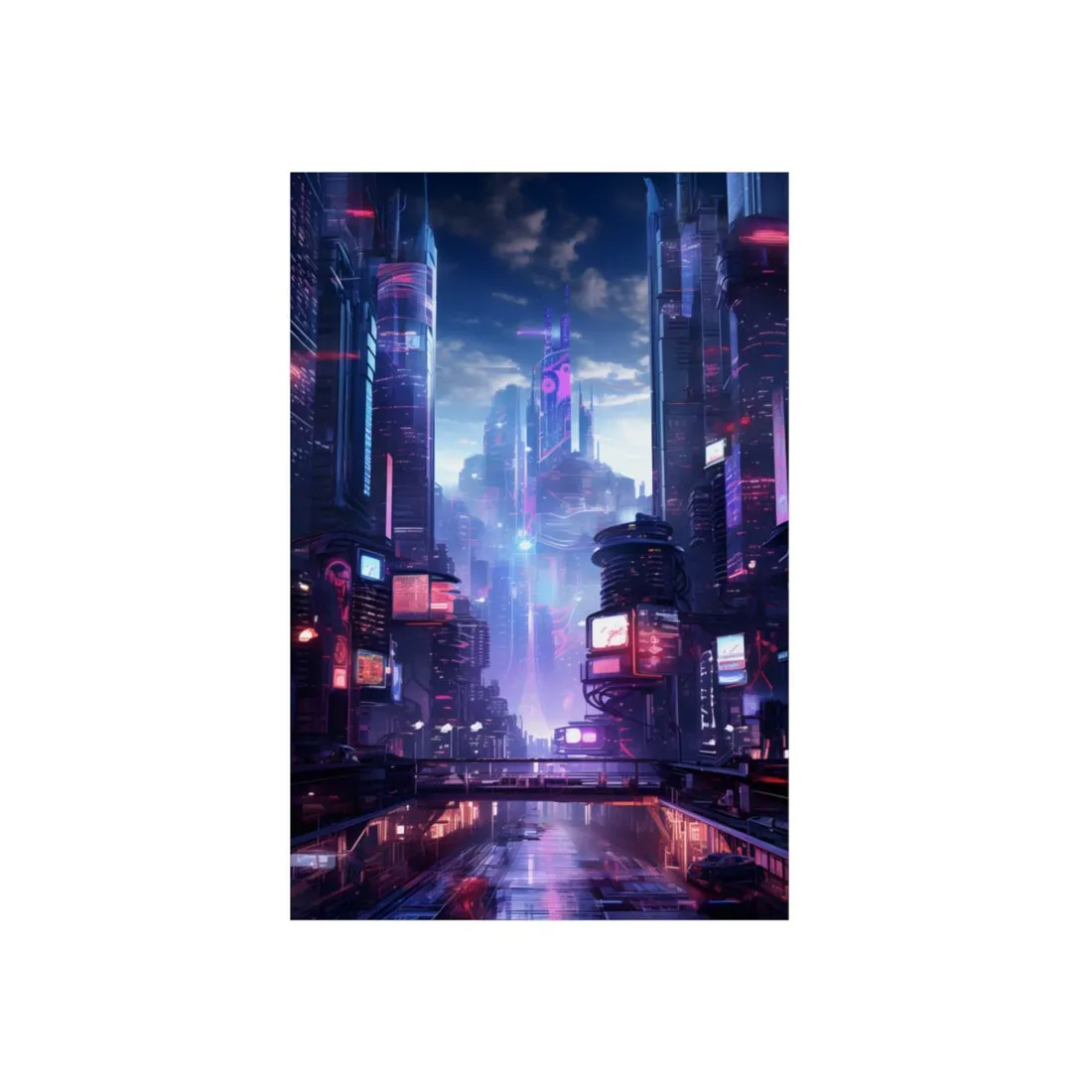 Cyberpunk Dystopia: Neon Cityscape Digital Art - Metal Poster